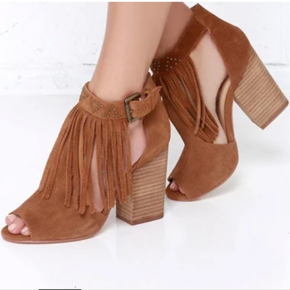 Chinese Laundry Boho Fringe Bootie Peep Toe Block‎ High Heels Shoe Women’s 6